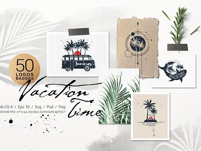 Vacation Time. 50 Logos & Badges bundle creativemarket illustration logo template travel vacation vintage