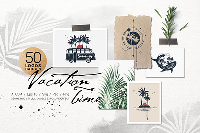 Vacation Time. 50 Logos & Badges bundle creativemarket illustration logo template travel vacation vintage