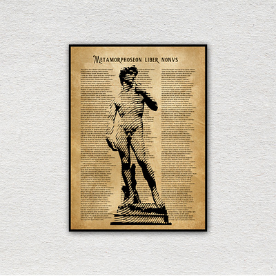 Michelangelo's David over Ovid's "Métamorphoses" fragment david illustration metamorphoses michelangelo ovid poster poster design vector vintage