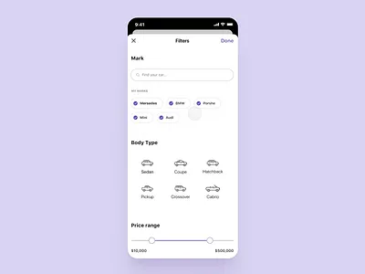 Cambiauto app - Search filters android app animation auto automotive bottom bar bottom nav brand design car design feed filter filter ui filtering filters ios mobile app product design ui ux uxdesign