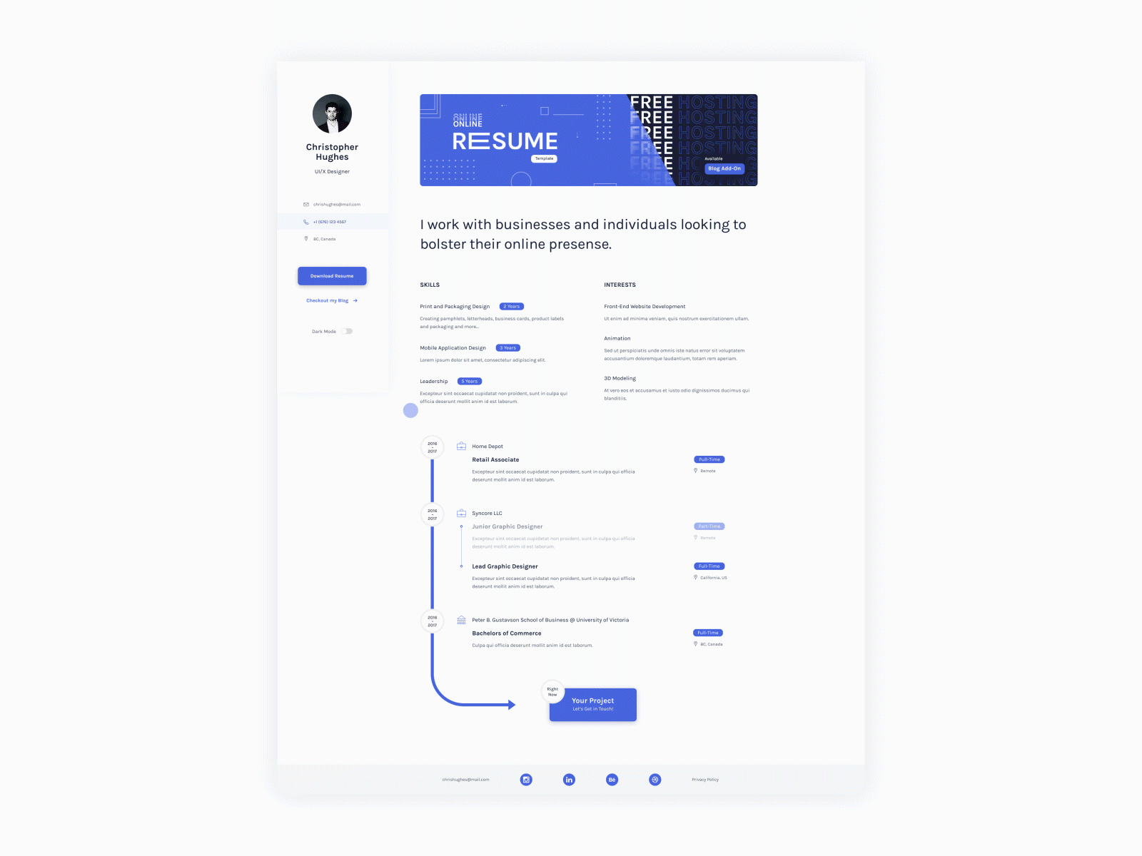 Resume Template Animation Concept animation dark theme design footer resume sidebar timeline ui web web design website