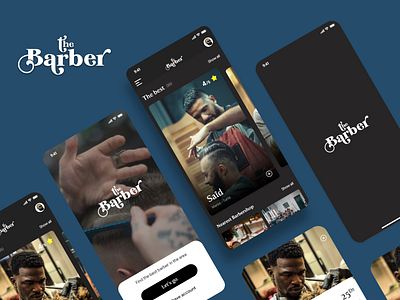 The barber UI app design barber app barber shop beauty app creativity dark app dark mode dark ui design haircut app ui ux