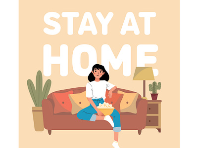 Stay at home covid-19 corona coronavirus covid covid 19 cute design girl happy home house illustration prevention quarantine safe stay at home stay safe stayathome vector