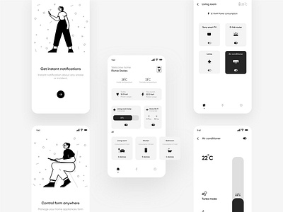 Smart Home App UI adobe illustrator app application design application ui concept design figma illustration mobile app mobile app design mobile ui monochromatic monochrome smart home smart tv smarthome ui ux