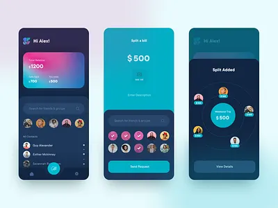 Split Bill - Dark Theme App app card clean cyan dark app dark blue dark theme dark ui design finnace minimal money split ui vibrant