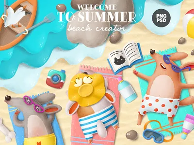 beach creator animals beach cartoon character creation kit creative market design dogs illustration summer tropical vacation