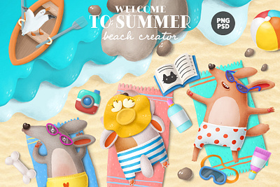 beach creator animals beach cartoon character creation kit creative market design dogs illustration summer tropical vacation