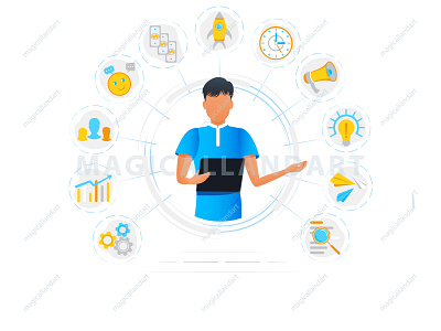 Businessman doing multitasking work business busy cash chat clock computer corporate effective efficiency employee finance freelance icon infographic magicallandart man management money multitask office