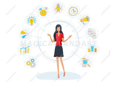 Businesswoman is standing surrounded by office task icons business busy cash chat clock computer corporate effective efficiency employee finance freelance icon infographic magicallandart management money multitask office woman