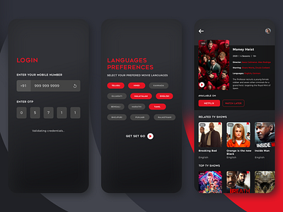 Movie Suggestions Application 2020 trends application design black app black mobile theme black theme dribbble dribbble best shot dribbbleweeklywarmup mobile mobile application moile app money heist movie suggestion app movies movies app design movies application movies design tv show app design tv show application tv shows