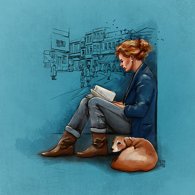 reading book to the dog art for sale artwork book cover book illustration concept art digitalpainting drawing illustration painter painting portrait sketch