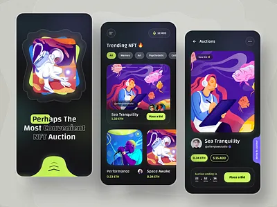 Artello – Creative NFT Ecommerce Auction App android app auction blockchain cards creative market ecommerce illustrations ios mobile nft platform sell trends ui ux