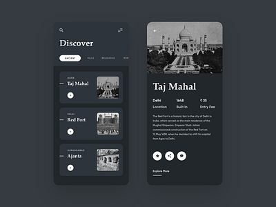 Explore Places | Mobile App | Dark Mode | Light Mode ancient dark mode dark theme dark ui detail page light ui listing page mobile mobile app mobile design mobile ui taj mahal travel agency travel app travelling typographic typography uidesign uxdesign vintage design