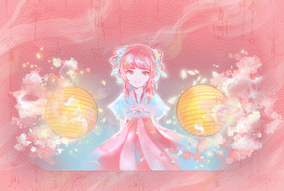 Lantern and girl asian girl cute girl illustration lantern lantern festival oriental traditional illustration