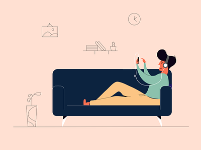 Sunday evening with lovely music app boy branding clocks design earphones headset icon illustration logo music music player plant sitting sofa songs typography ui ux