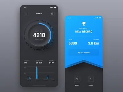 Step Counter Concept app award black clean counter dark dark ui dashboard distance futuristic ios iphone mobile neumorphism pedometer skeuomorph step ui ux