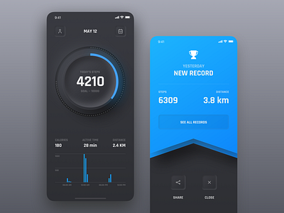 Step Counter Concept app award black clean counter dark dark ui dashboard distance futuristic ios iphone mobile neumorphism pedometer skeuomorph step ui ux