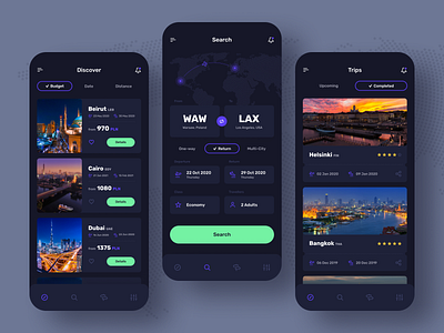 bookandgo ✈️ - Discover, Search and Trips - Dark ⚫️ aapdesign app app ui appconcept application dark mode dark theme discover flights mobile mobile app mobile design mobile ui reservation trip ui