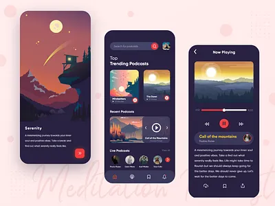 Meditation Podcast App app app design app ui application debut debutshot design art digital illustration flat illustration ios ios app minimal mobile mobile app design typography ui uidesign ux
