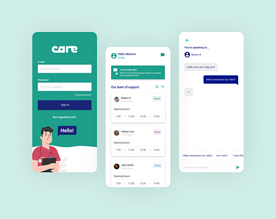 Care Medical Support App app branding chat chat app chatbot design flat layout medical medical app medical care minimal mobile app product ui ux