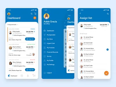 Animal Care App Interface animal app clean ui creative dashboard ui dog app listings medical app menu design minimal minimalism modern design product design side menu typogaphy ui user experience design user interface design ux veterinary visual design