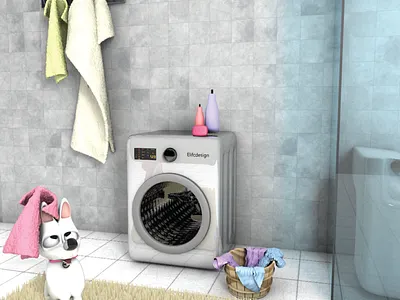 Lumo, what are you doing in the bathroom?🐶⁣ 3d 3d art 3d artist 3dsmax bathroom blender charecter cinema4d color design digital digitalart dog happy icon illustration render towel wash washing machine