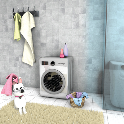 Lumo, what are you doing in the bathroom?🐶⁣ 3d 3d art 3d artist 3dsmax bathroom blender charecter cinema4d color design digital digitalart dog happy icon illustration render towel wash washing machine