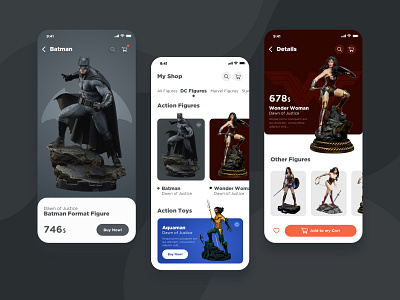 Action Figures App action figures application batman dccomics flat mobile app design shopping uidesign ux design wonder woman