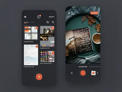 Scanner app app camera dark dark ui documents gradient minimal mobile orange photo scanner shadow
