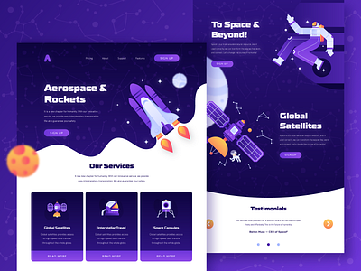 Space Startup Web Design 2d astronaut carousel constellation flat illustration landing page moon planet purple rocket satellite services page space spaceship startup ui ux vector web design