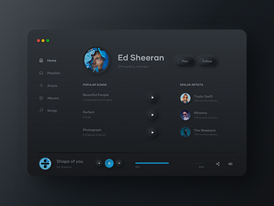 Music player - Web app apple music artists clean ui dark dark mode ed sheeran music music app music player neumorph neumorphism player player ui songs spotify ui visual design web app web application web application design