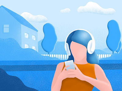 Girl in headphones building design girl headphones house illustration nature outdoor people phone ui