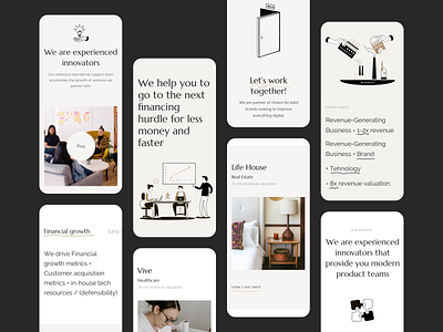 Mobile version of a marketing website for a venture builder adaptive agency brand business casestudy illustration interaction investment mobile mobile design money product responsive responsive design services ui ux value venture web