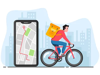 Delivery app bicycle bicycling city delivery delivery app delivery service food delivery illustration man messenger messenger bag mobile mobile app navigation smartphone ui urban ux vector