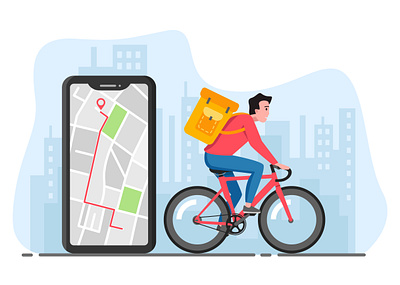 Delivery app bicycle bicycling city delivery delivery app delivery service food delivery illustration man messenger messenger bag mobile mobile app navigation smartphone ui urban ux vector