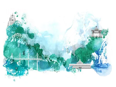 Kyiv city hills architecture building illustration digital illustration editorial illustration handprint illustration monoprint procreate urban art