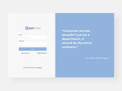 Botmind chatbot login screen chat chatbot design icon login login page minimal split screen ui uidesign user onboarding userinterface webdesign website