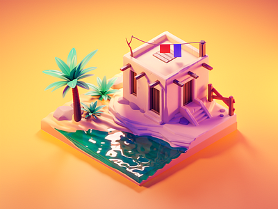 Oasis 3d blender desert diorama illustration isometric oasis render sand sculpting