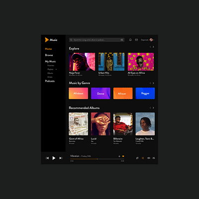 Music Player Web App african afro album dark ui dashboad design music music player playlist podcast songs spotify ui web