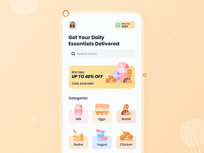 Daily Essentials Delivery - Work In Progress app design colorful delivery app design dribbble best shot food delivery food delivery app foodapp interface ios milkapp minimal popular shot restaurant trend ui user experience ux