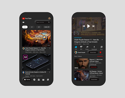 YouTube App Redesign adobexd app app design clash royale concept dark mode dark ui digital neumorphic redesign ui ui design ux youtube