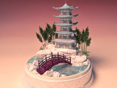 Traveling through Japan, Bridge to Pagoda 3d 3d animation 3d set best design japan miniature pagoda poster rendering snowglobe travel water