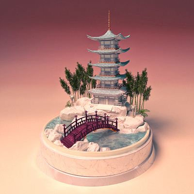 Traveling through Japan, Bridge to Pagoda 3d 3d animation 3d set best design japan miniature pagoda poster rendering snowglobe travel water