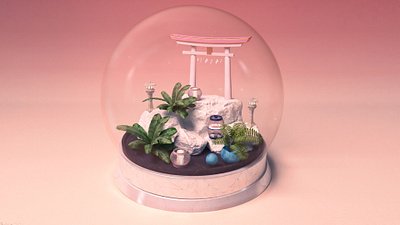 Traveling through Japan, the white Torii 3d animation 3d set japan japanese lantern miniature model snowglobe travel