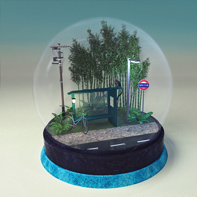 Traveling through Japan- Busstop 3d set illumination japan japanese miniature motion graphic night snowglobe