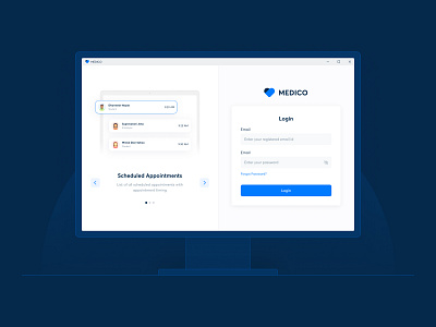 Medico Doctors' App - Onboarding carousel dashboard dashboard design desktop app desktop application desktop design illustration interface design onboarding onboarding illustration onboarding screen onboarding ui ui ux ui design visual design windows 10 windows app