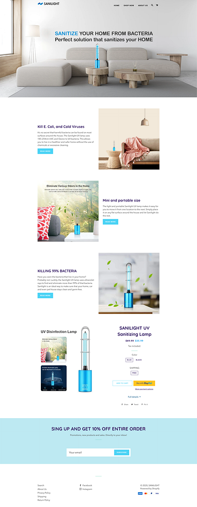 UV Sanitizer - Landing Page branding design dropshipping landing page shopify typography web design webdesign website