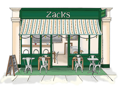 Zack's Cafe Front cafe cafe front coffee digitial drawing editorial illustration food illustration illustration london patisserie photoshop promotional design south kensington