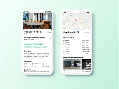 Facility Management - Booking Meeting Rooms app booking cards ui labels maps mobile ui office space reservations ui ux