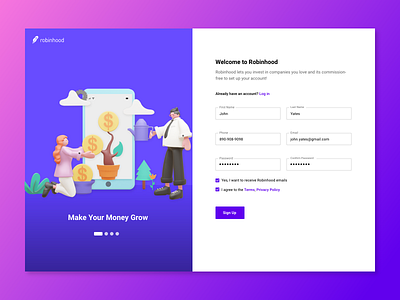 Investment Sign Up Page 3d 3d illustration form invest investment material ui money signup welcome